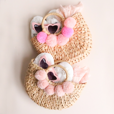 Bridesmaid Pom Pom Straw Purse Gift Set